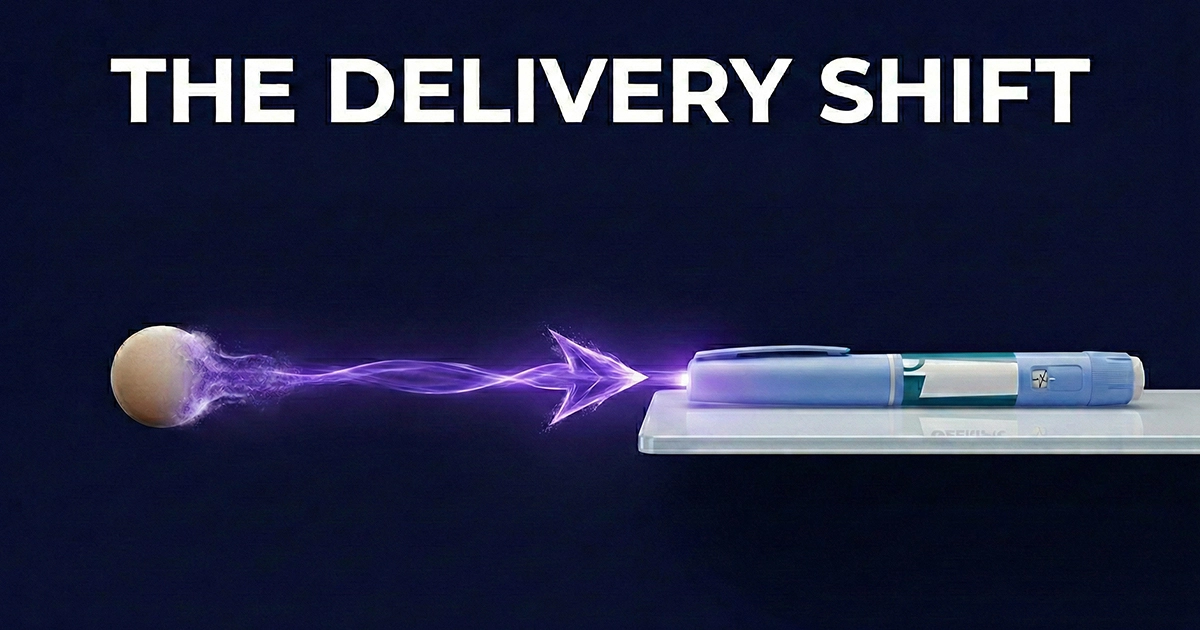 Cinematic macro shot illustrating the mechanism of switching from Rybelsus to Ozempic.