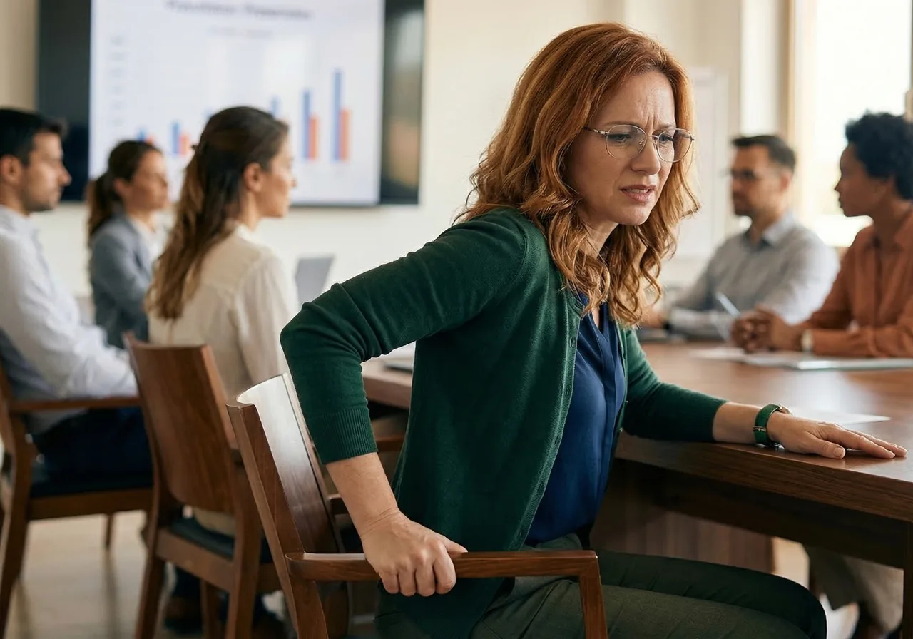 tailbone pain after weight loss: A woman in a conference room subtly shifts her weight on a hard wooden chair.