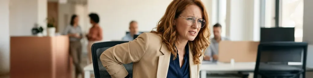 tailbone pain after weight loss: A woman in a beige blazer shifts uncomfortably in her office chair, looking frustrated.
