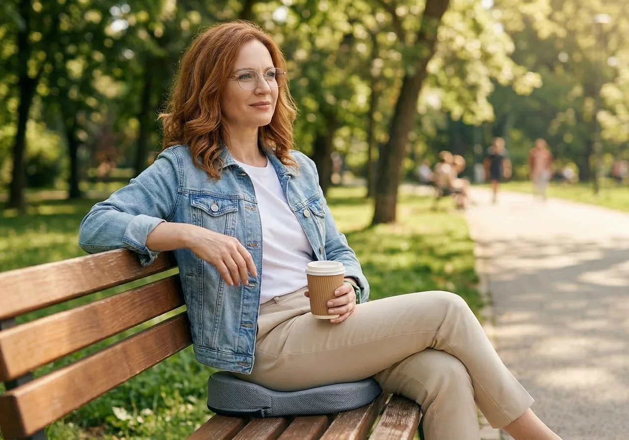 tailbone pain after weight loss: A woman sits comfortably on a park bench using a discreet portable cushion, holding a coffee.