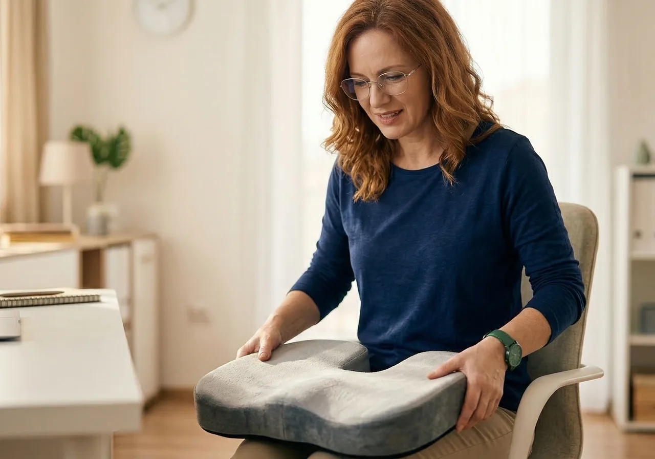 tailbone pain after weight loss: A woman places a U-shaped memory foam cushion onto her desk chair.