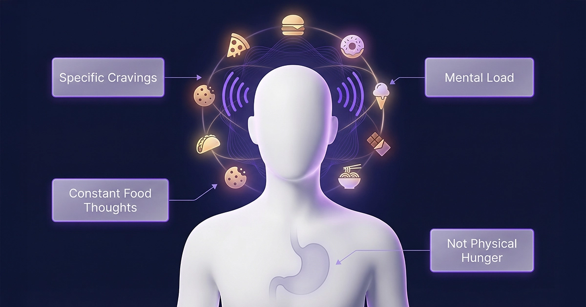 Illustration showing what is food noise as constant mental chatter, specific cravings, and cognitive load that feel separate from physical hunger.