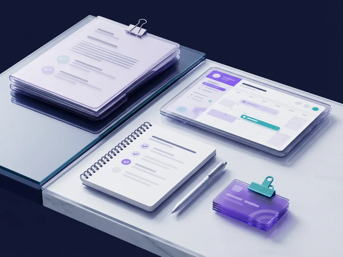 Stacked records, tablet calendar, notebook checklist, pen, and ID card on a white and navy surface with teal accents.