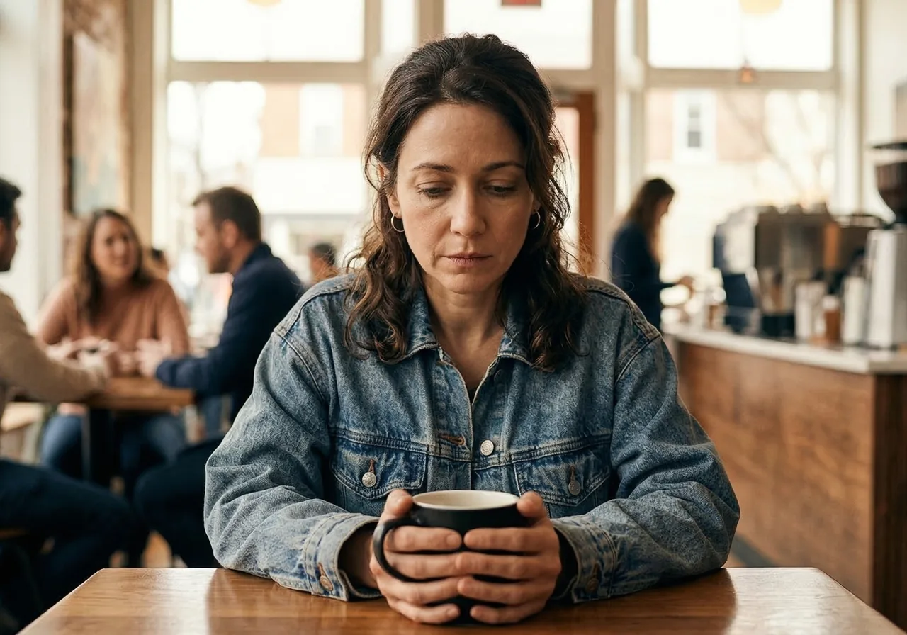 A woman sitting in a coffee shop looking detached while processing recent weight changes.