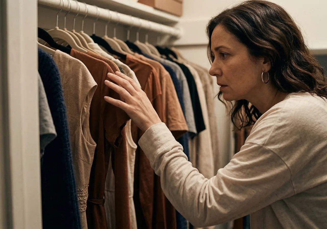 A woman standing near her closet while deciding whether to try on clothes that may fit differently now.