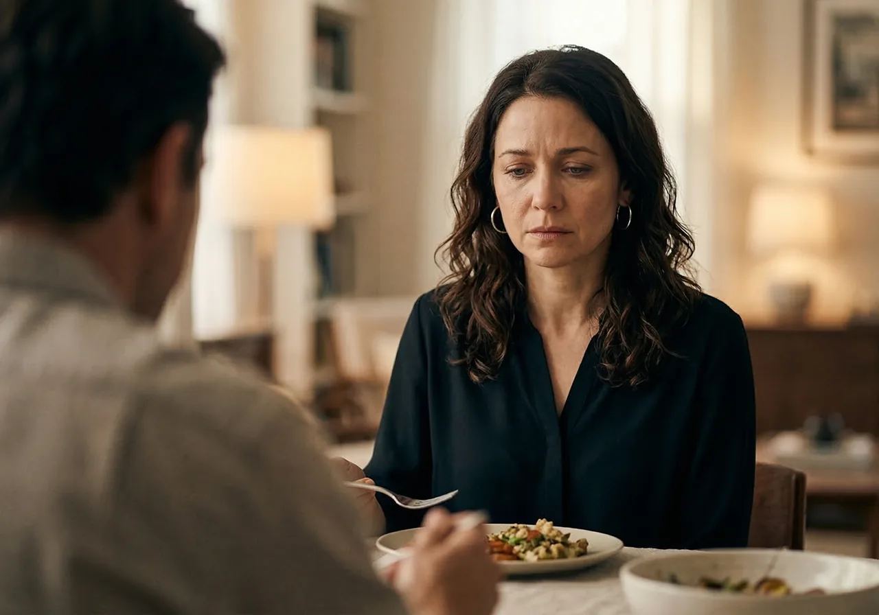 A woman at a dinner table feeling unsettled by attention and changing expectations after weight loss.