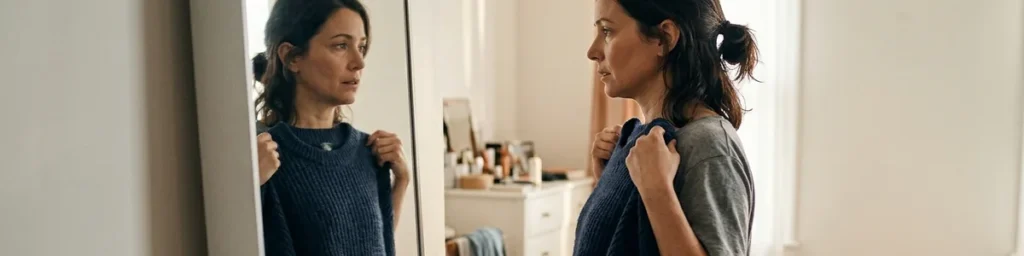 A woman looks in a mirror while holding an oversized sweater and taking stock of recent weight changes.