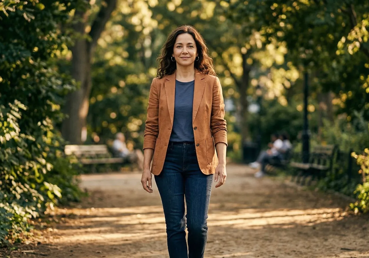 A woman walking outside looking calmer after shifting to smaller, more grounded body-adjustment routines.