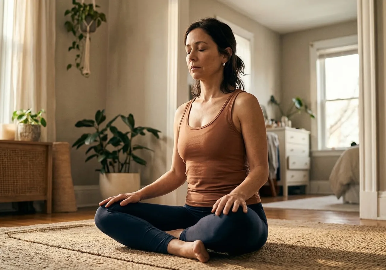 A woman on a yoga mat taking a quiet pause before approaching body-image changes in a lower-pressure way.