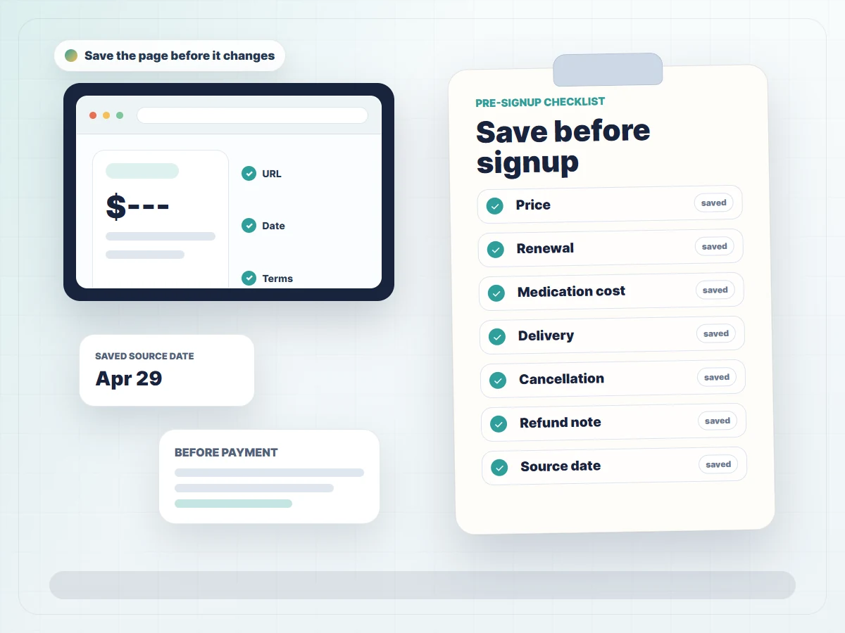 GLP-1 program signup checklist with price renewal delivery and policy details