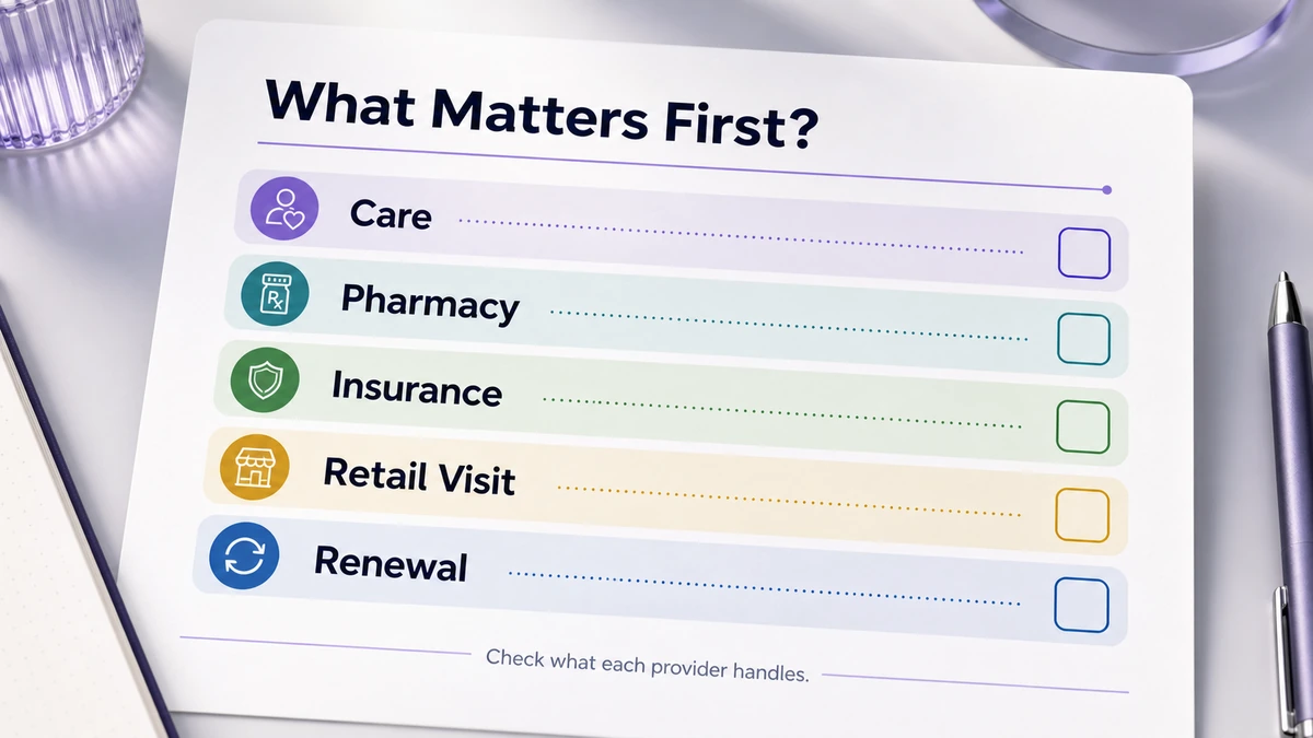 GLP-1 access checklist showing care, pharmacy, insurance, retail visit, and renewal