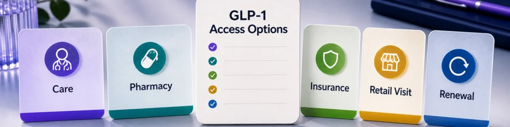 GLP-1 access options shown as care, pharmacy, insurance, retail visit, and renewal cards